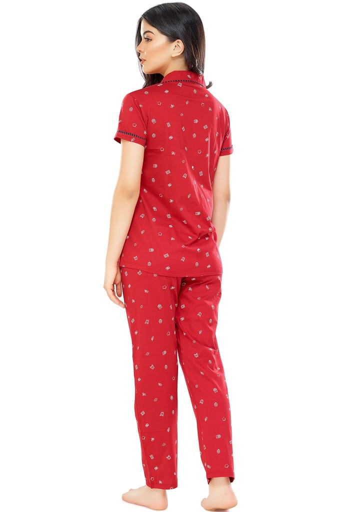 ZEYO Women's Cotton Navy Blue Printed Stylish Night suit set