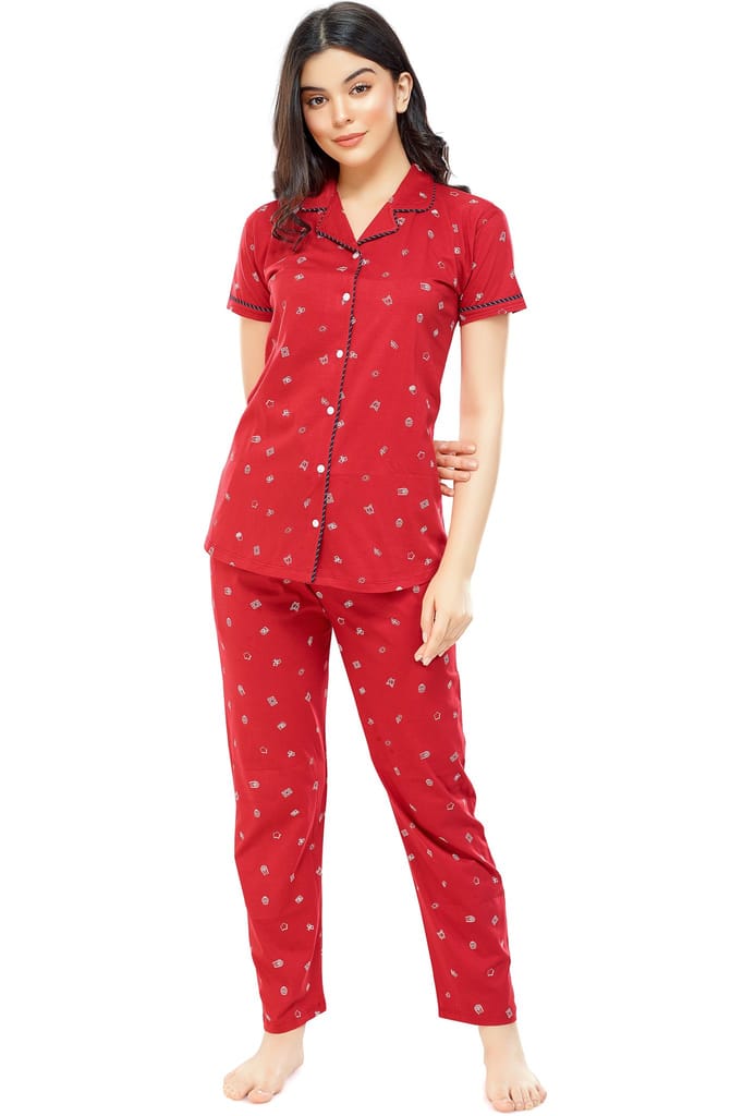 ZEYO Women's Cotton Navy Blue Printed Stylish Night suit set