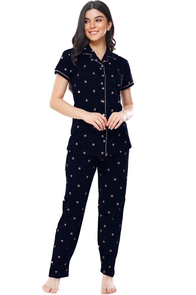ZEYO Women's Cotton Navy Blue & Peach Square Printed Stylish Night suit set