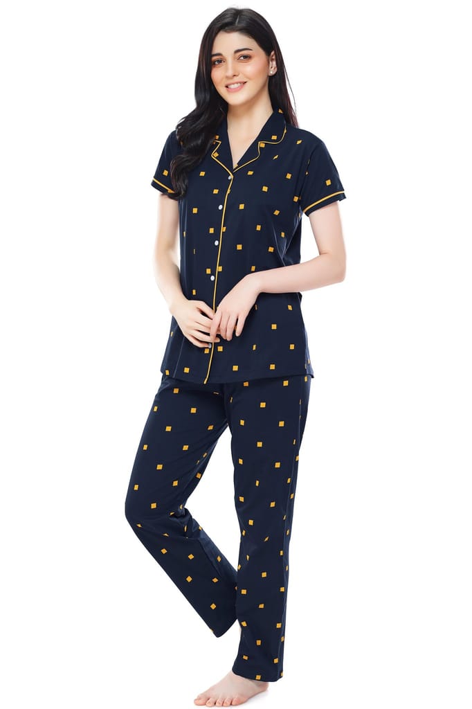 ZEYO Women's Cotton Navy Blue & Peach Square Printed Stylish Night suit set