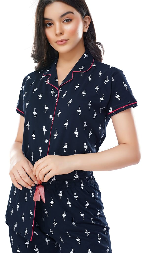 ZEYO Women's Cotton Navy Blue Flamingo Printed Stylish Night suit set