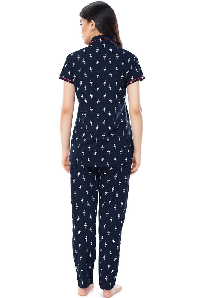 ZEYO Women's Cotton Navy Blue Flamingo Printed Stylish Night suit set