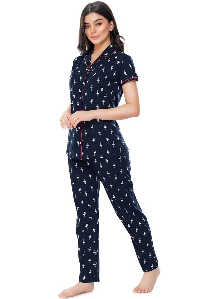 ZEYO Women's Cotton Navy Blue Flamingo Printed Stylish Night suit set
