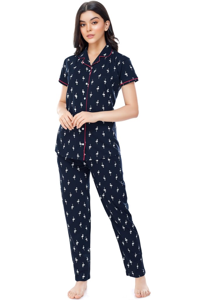 ZEYO Women's Cotton Navy Blue Flamingo Printed Stylish Night suit set