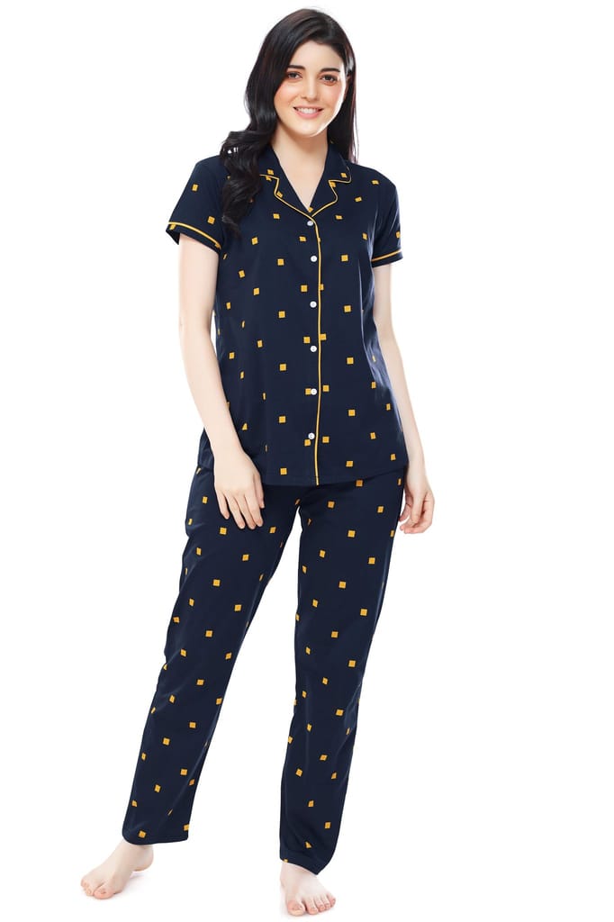 ZEYO Women's Cotton Navy Blue & Peach Square Printed Stylish Night suit set