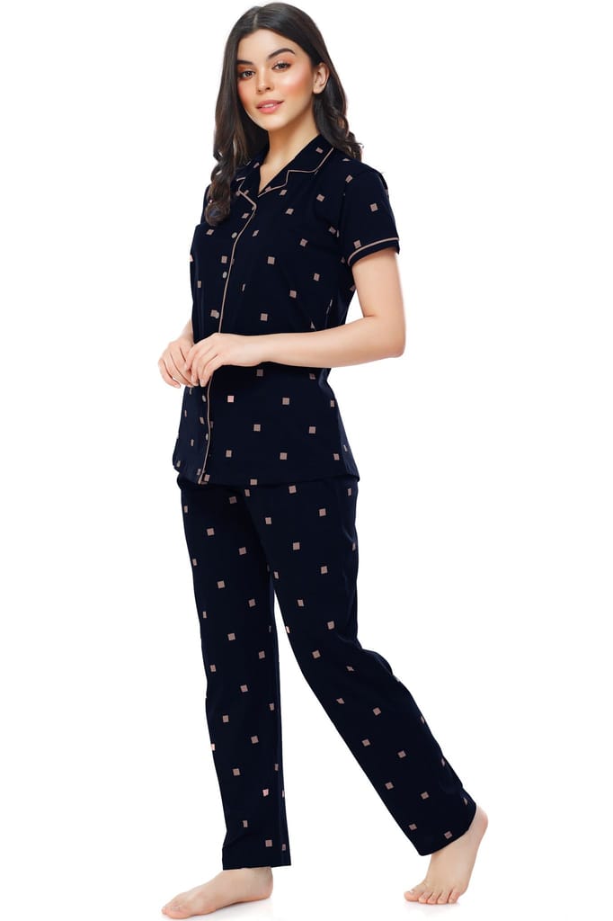 ZEYO Women's Cotton Navy Blue & Peach Square Printed Stylish Night suit set