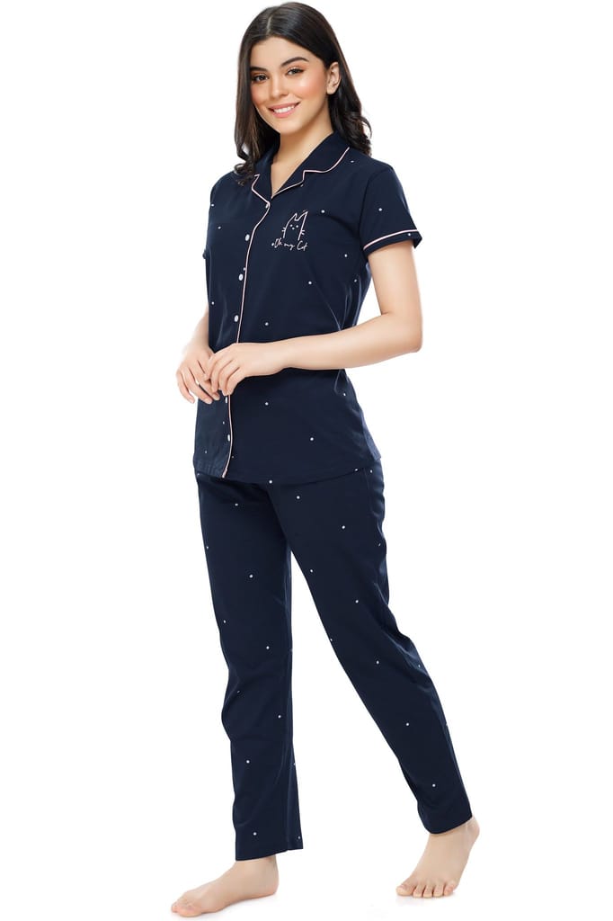 ZEYO Women's Cotton Navy Blue Dot Printed Stylish Night suit set