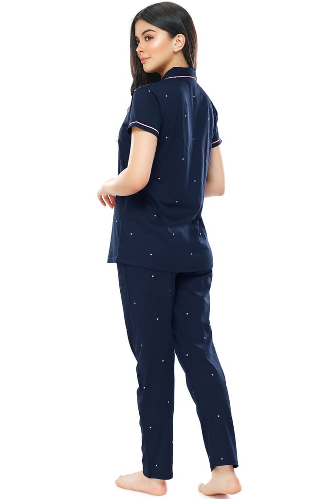ZEYO Women's Cotton Navy Blue Dot Printed Stylish Night suit set