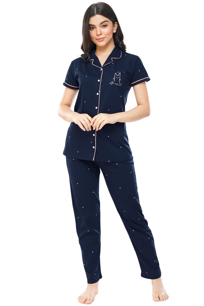 ZEYO Women's Cotton Navy Blue Dot Printed Stylish Night suit set
