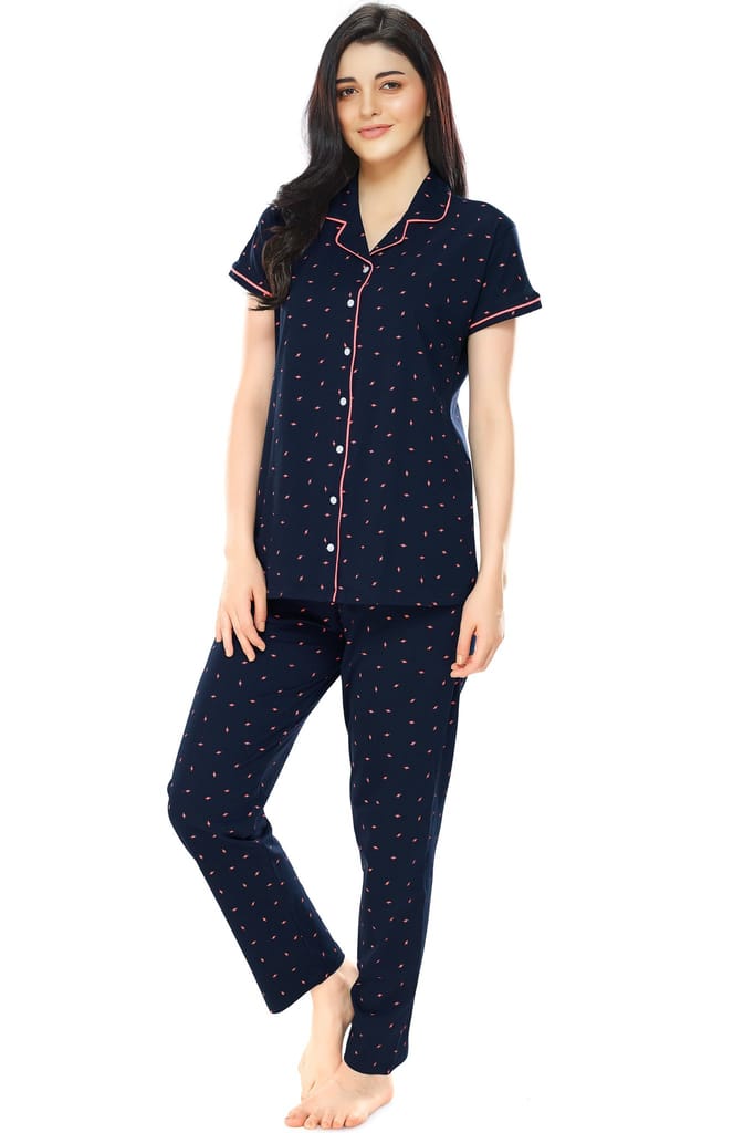 ZEYO Women's Cotton Navy Blue Flash Printed Stylish Night suit set