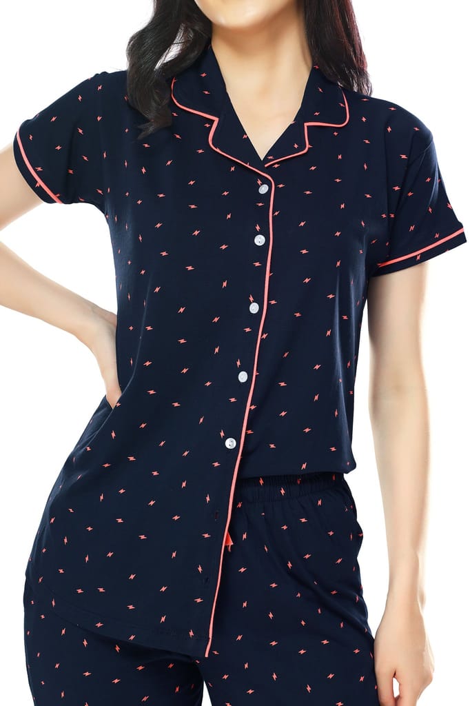 ZEYO Women's Cotton Navy Blue Flash Printed Stylish Night suit set