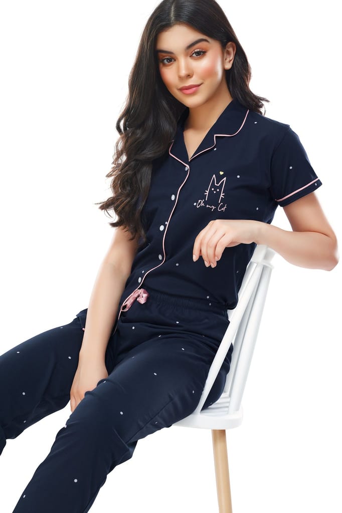 ZEYO Women's Cotton Navy Blue Dot Printed Stylish Night suit set