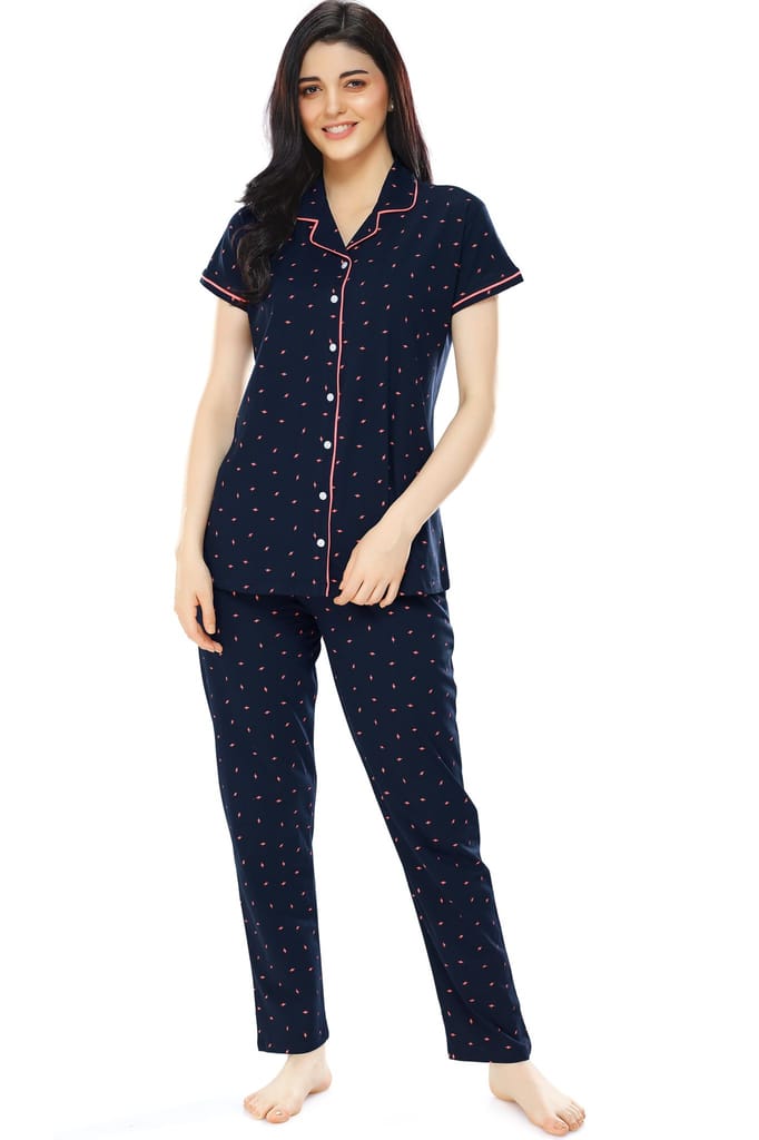 ZEYO Women's Cotton Navy Blue Flash Printed Stylish Night suit set