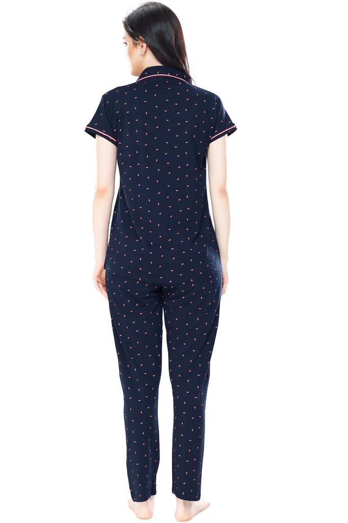 ZEYO Women's Cotton Navy Blue Flash Printed Stylish Night suit set