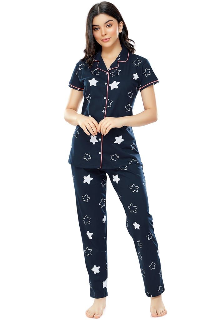 ZEYO Women's Cotton Navy Blue & Green Star Printed Stylish Night suit set