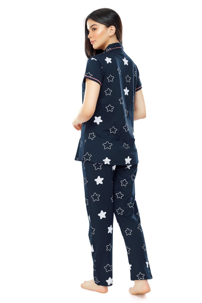 ZEYO Women's Cotton Navy Blue & Green Star Printed Stylish Night suit set