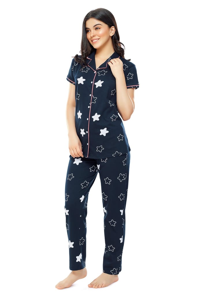 ZEYO Women's Cotton Navy Blue & Green Star Printed Stylish Night suit set