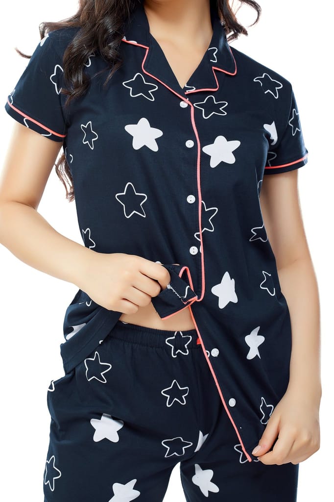 ZEYO Women's Cotton Navy Blue & Green Star Printed Stylish Night suit set