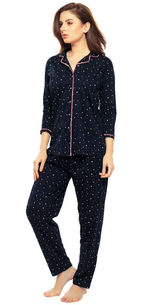 ZEYO Women's Cotton Navy Blue Star Printed Stylish Night suit set