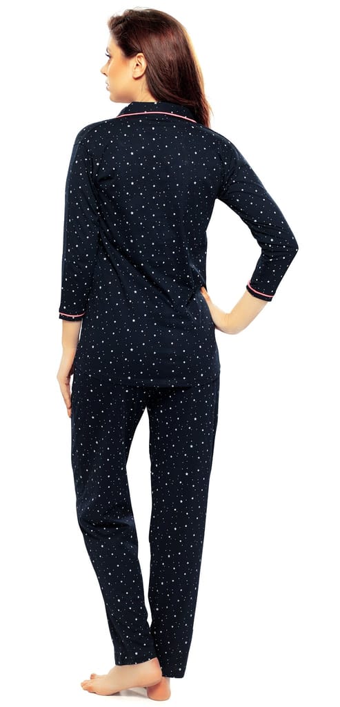 ZEYO Women's Cotton Navy Blue Star Printed Stylish Night suit set