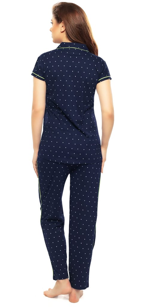 ZEYO Women's Cotton Navy Blue & Green Triangle Printed Stylish Night suit set