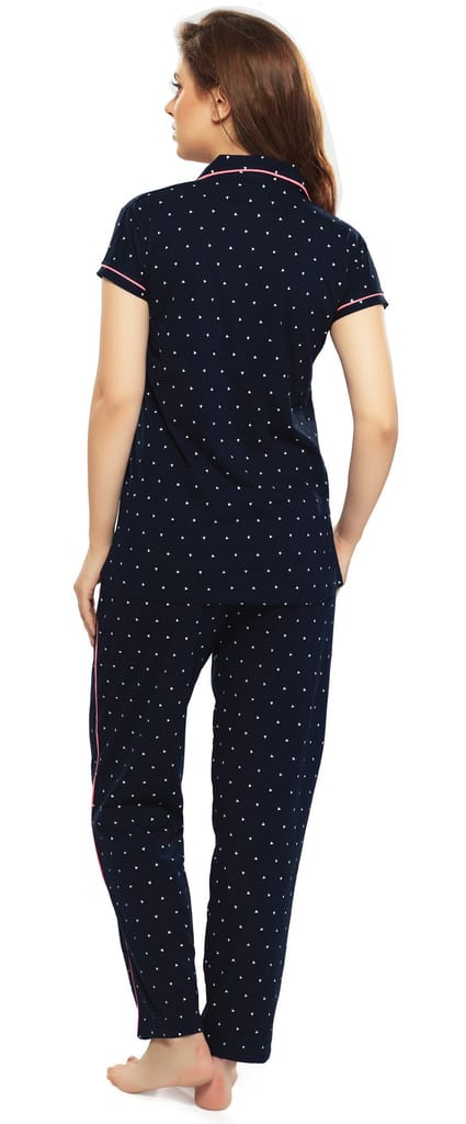 ZEYO Women's Cotton Navy Blue & Green Triangle Printed Stylish Night suit set