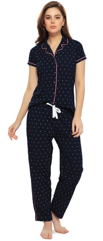 ZEYO Women's Cotton Navy Blue & Green Triangle Printed Stylish Night suit set