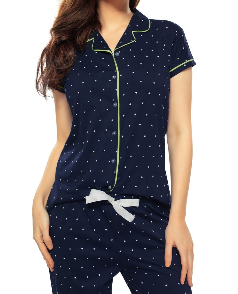ZEYO Women's Cotton Navy Blue & Green Triangle Printed Stylish Night suit set