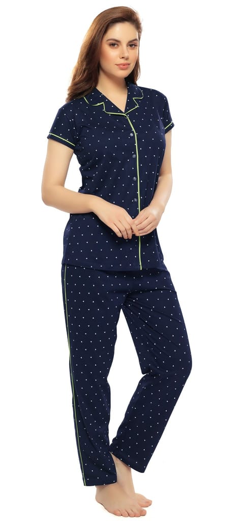 ZEYO Women's Cotton Navy Blue & Green Triangle Printed Stylish Night suit set