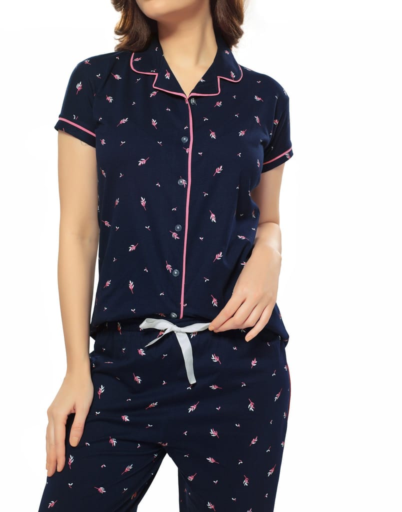ZEYO Women's Cotton Navy Blue Leaf Printed Stylish Night suit set