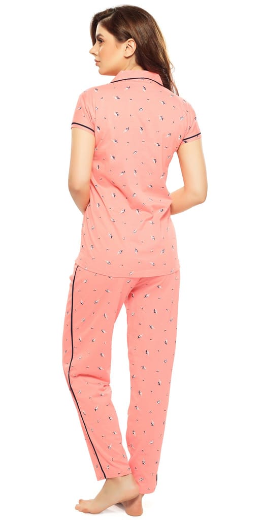 ZEYO Women's Cotton Navy Blue Leaf Printed Stylish Night suit set