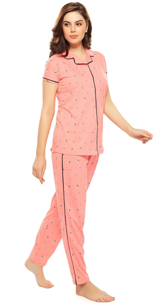 ZEYO Women's Cotton Navy Blue Leaf Printed Stylish Night suit set