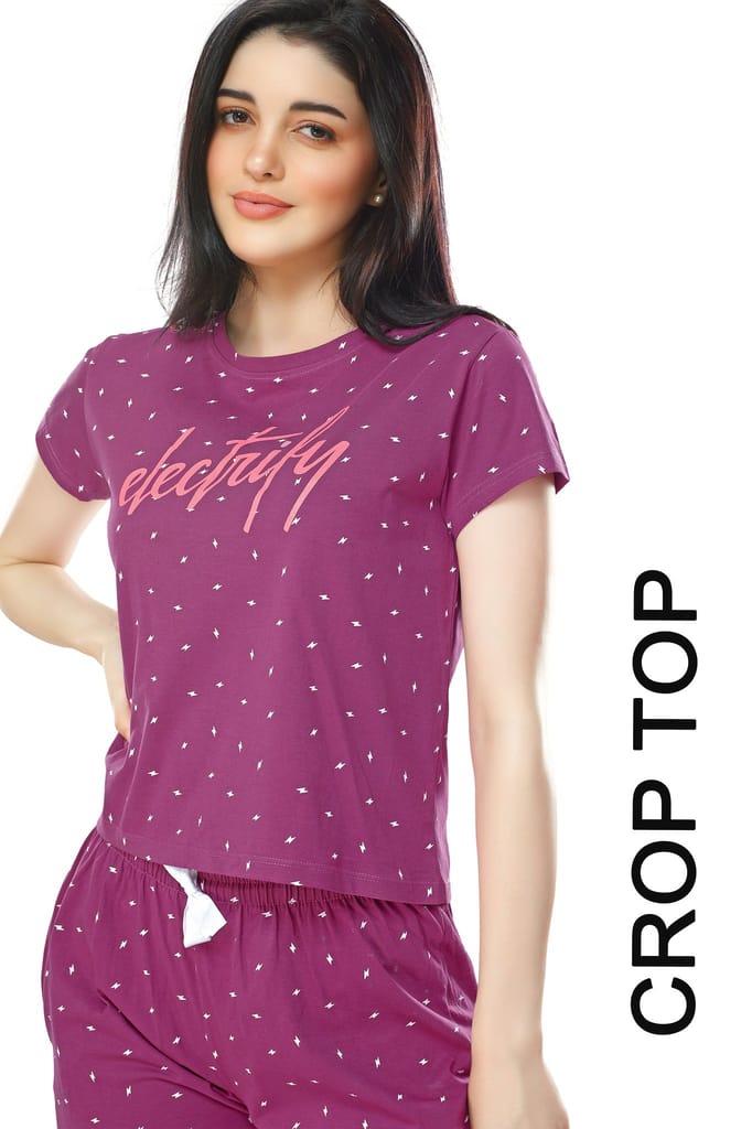 ZEYO Women's Cotton Navy Blue Flash Printed Stylish Night suit set