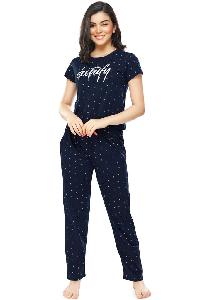 ZEYO Women's Cotton Navy Blue Flash Printed Stylish Night suit set