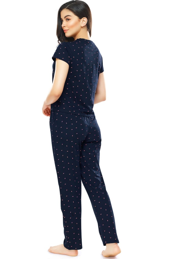 ZEYO Women's Cotton Navy Blue Flash Printed Stylish Night suit set