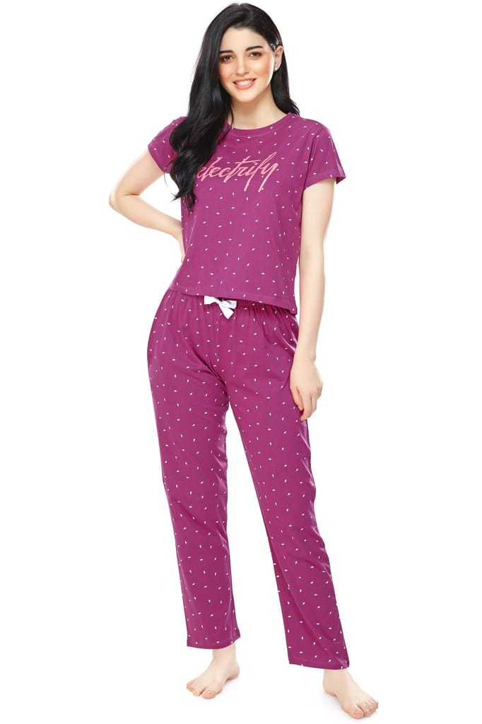 ZEYO Women's Cotton Navy Blue Flash Printed Stylish Night suit set