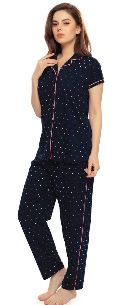 ZEYO Women's Cotton Navy Blue & Green Triangle Printed Stylish Night suit set