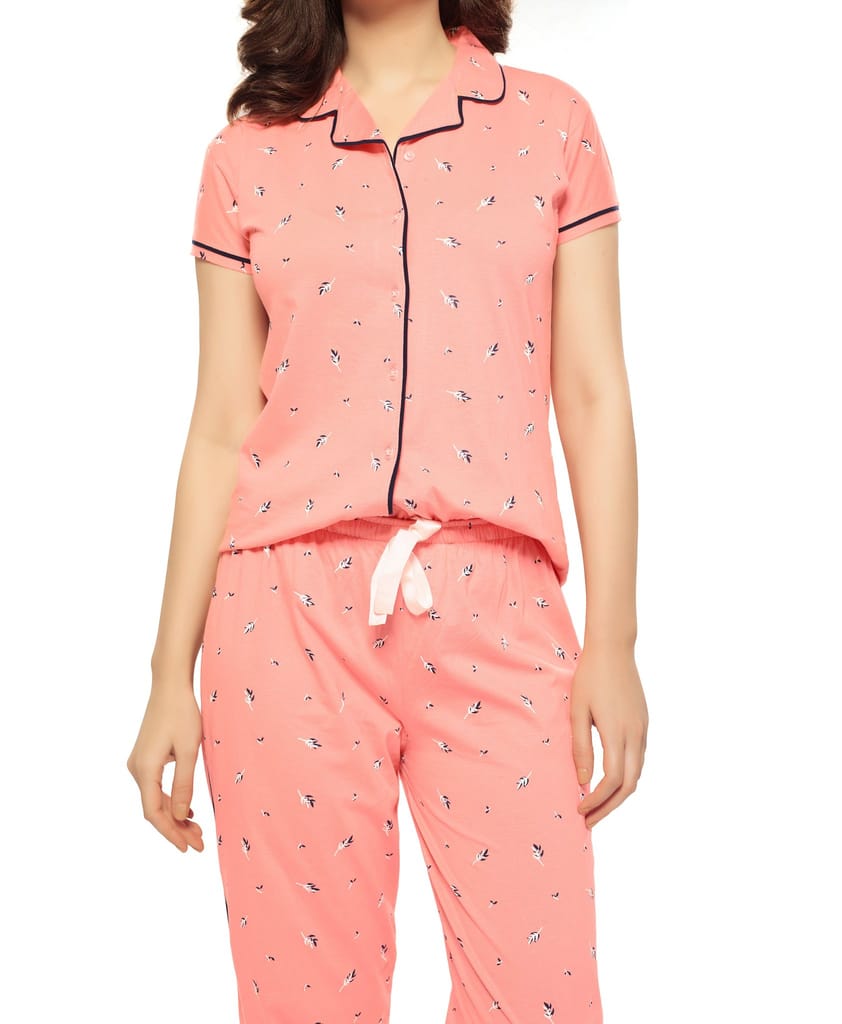 ZEYO Women's Cotton Navy Blue Leaf Printed Stylish Night suit set