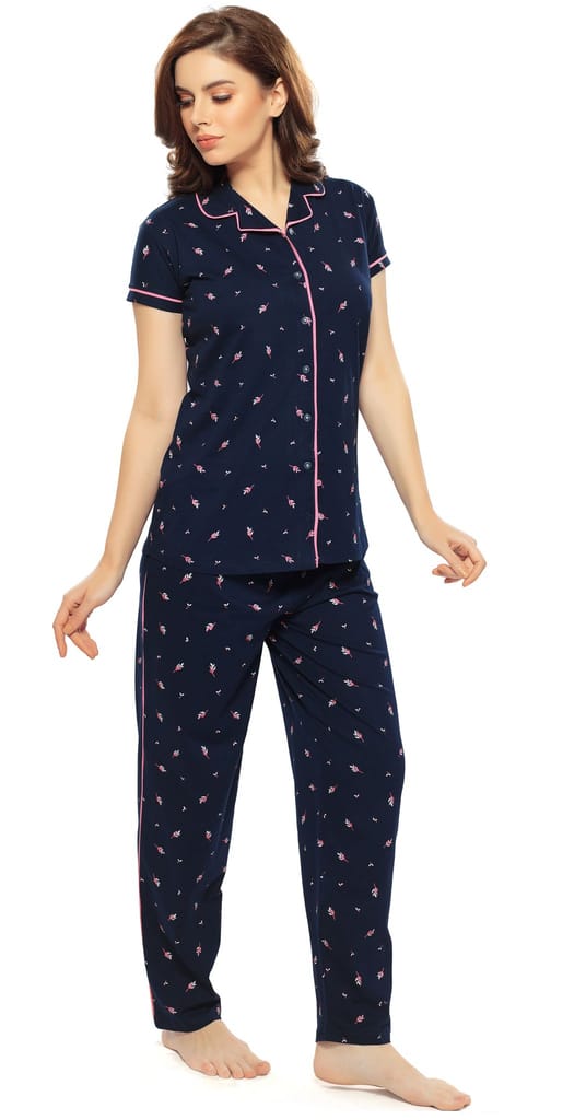 ZEYO Women's Cotton Navy Blue Leaf Printed Stylish Night suit set
