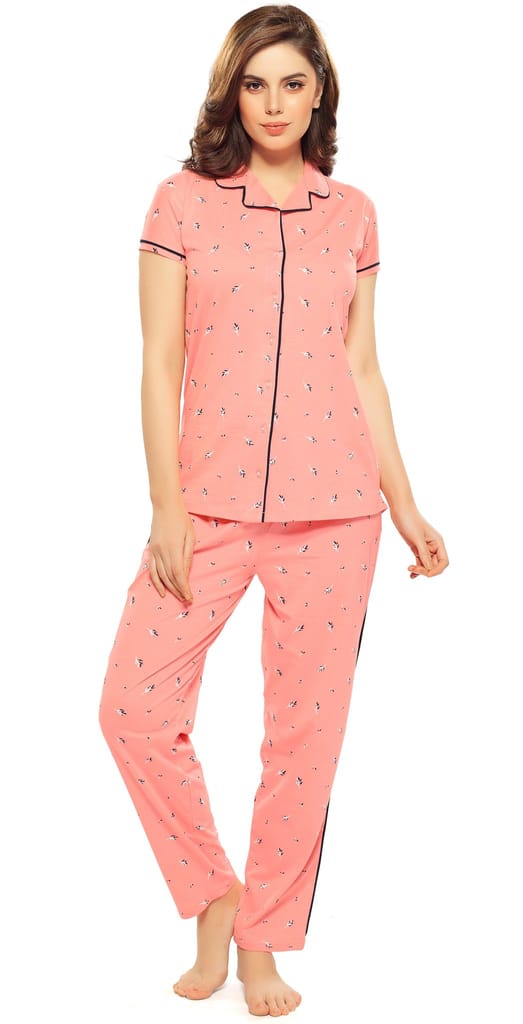 ZEYO Women's Cotton Navy Blue Leaf Printed Stylish Night suit set