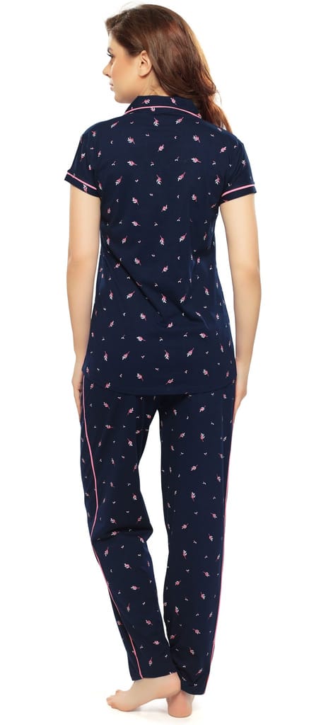 ZEYO Women's Cotton Navy Blue Leaf Printed Stylish Night suit set