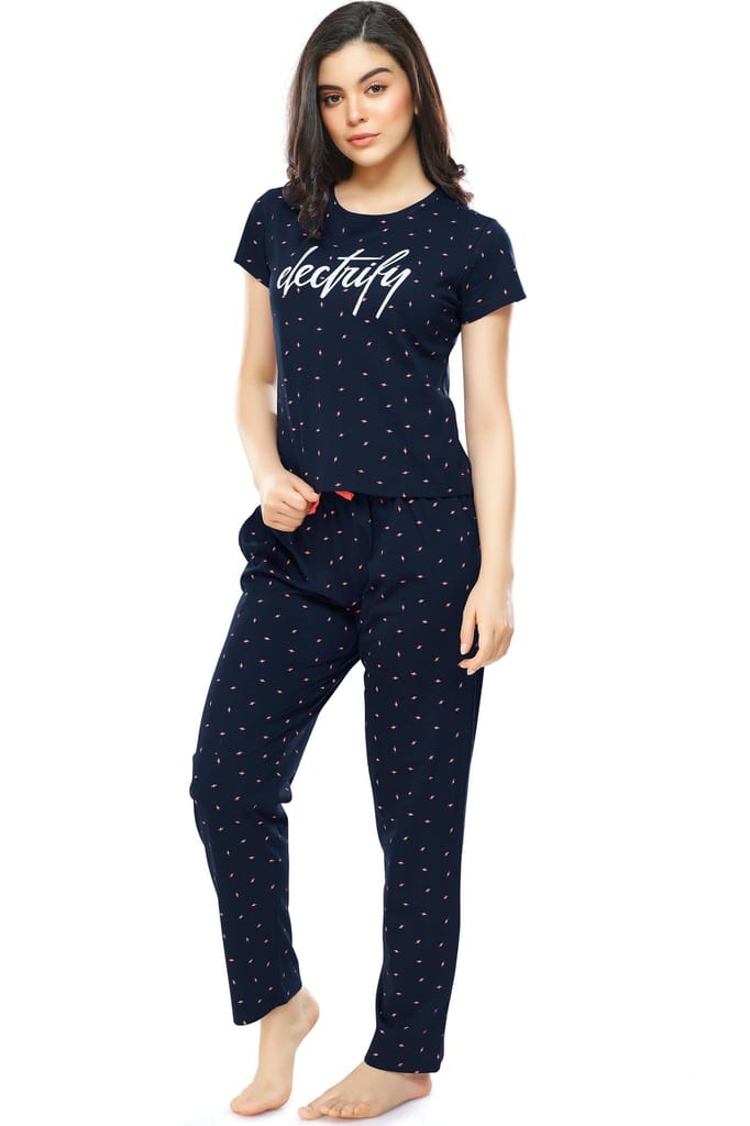 ZEYO Women's Cotton Navy Blue Flash Printed Stylish Night suit set