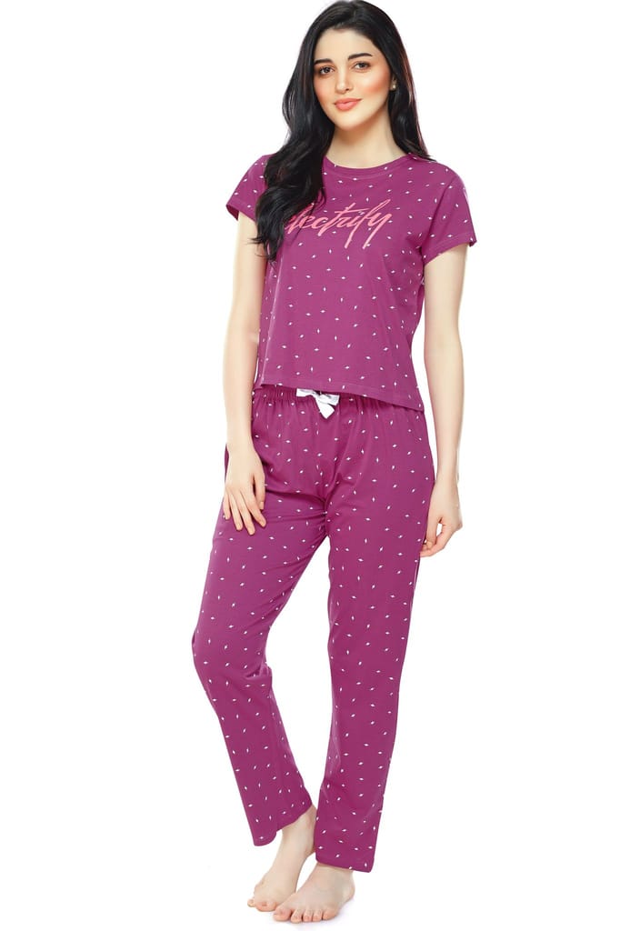 ZEYO Women's Cotton Navy Blue Flash Printed Stylish Night suit set