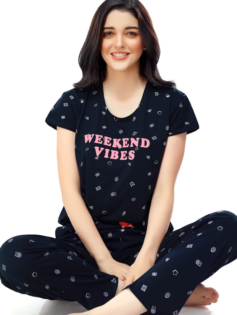 ZEYO Women's Cotton Navy Blue Printed Stylish Night suit set