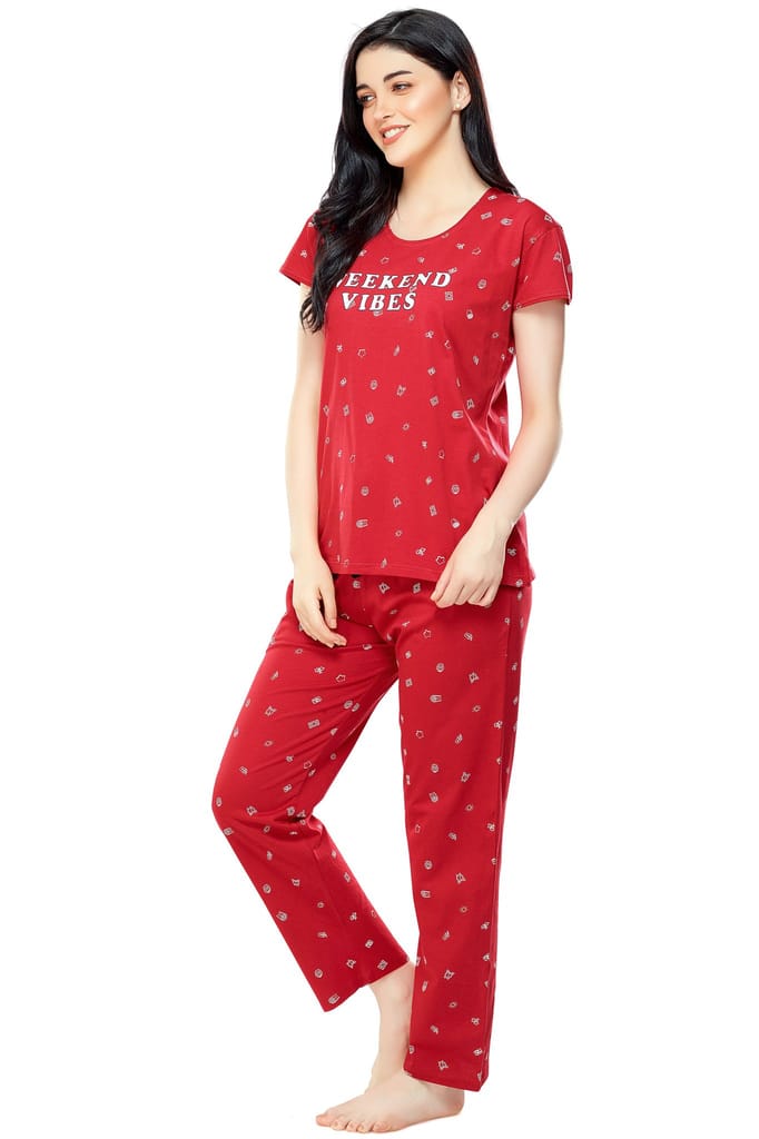 ZEYO Women's Cotton Navy Blue Printed Stylish Night suit set