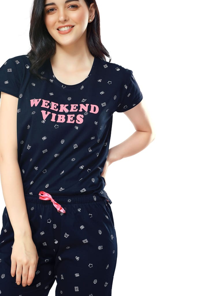 ZEYO Women's Cotton Navy Blue Printed Stylish Night suit set