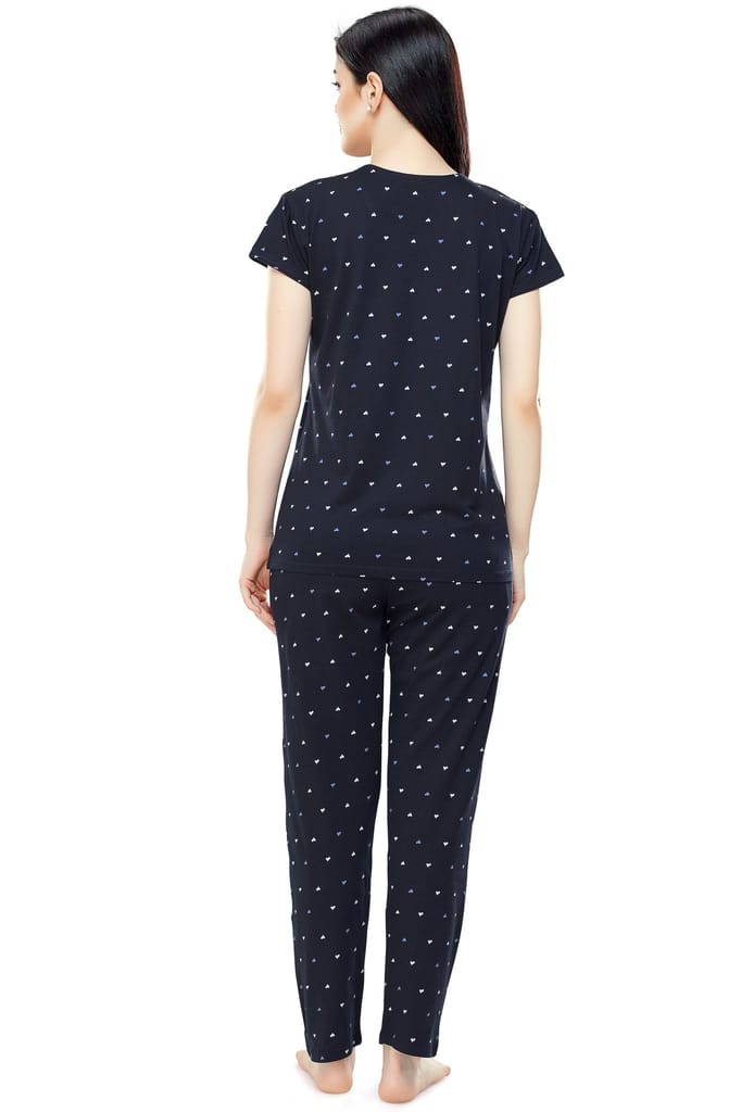 ZEYO Women's Cotton Navy Blue Heart Printed Stylish Night suit set