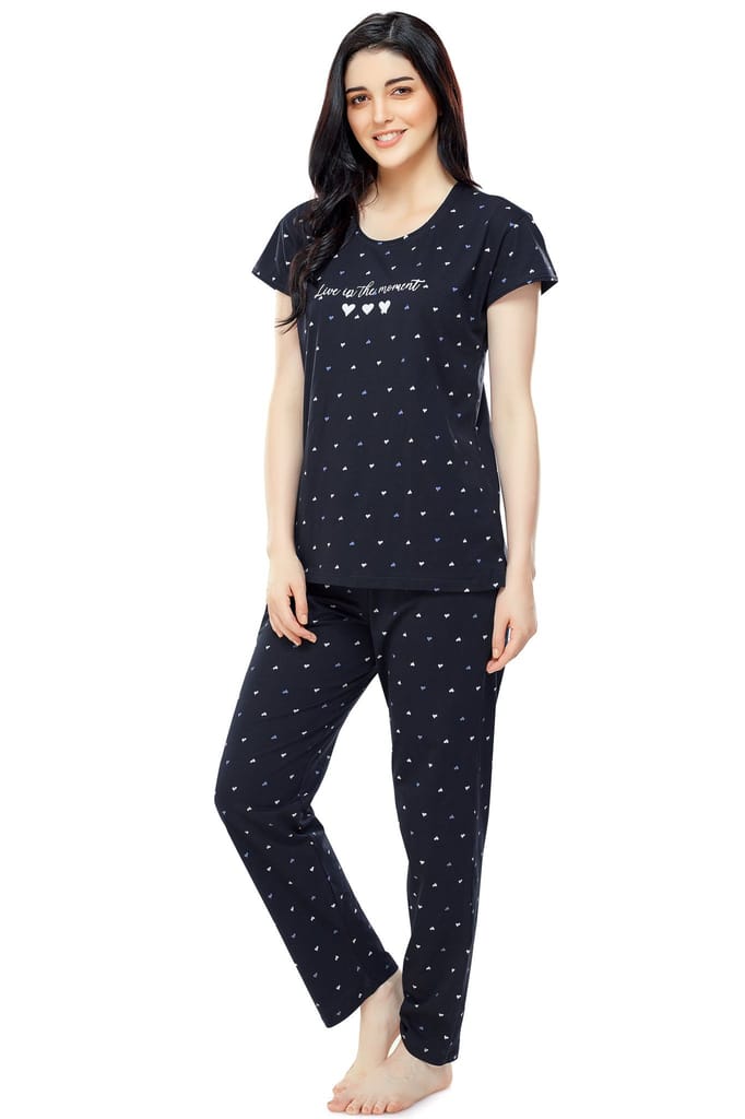 ZEYO Women's Cotton Navy Blue Heart Printed Stylish Night suit set