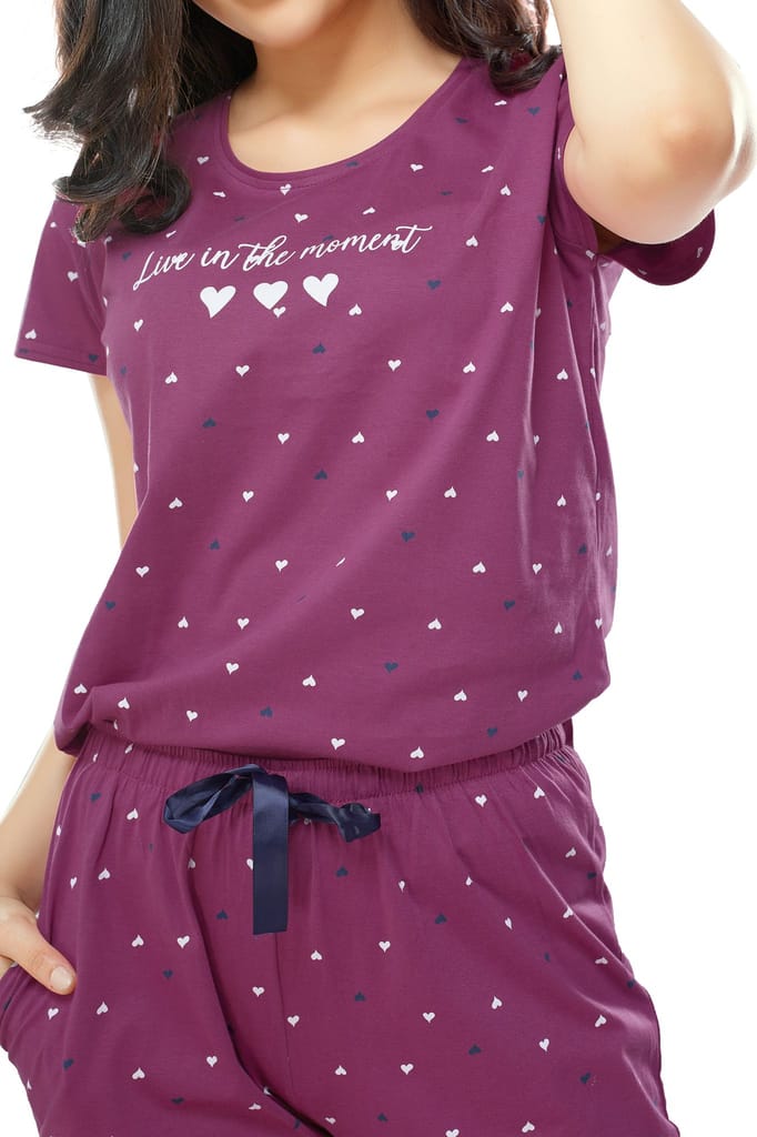 ZEYO Women's Cotton Navy Blue Heart Printed Stylish Night suit set