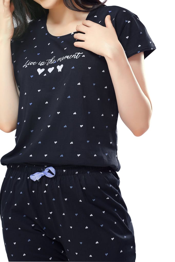 ZEYO Women's Cotton Navy Blue Heart Printed Stylish Night suit set